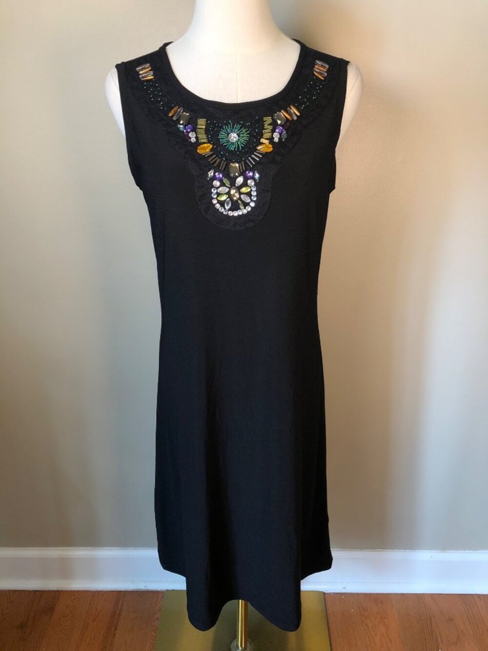 Voir Voir Sleeveless Black Shift Dress With Beading Detail Retro Boho Style Sz 8